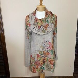 One World Floral Print Cowl Neck Long Sleeve Tunic Top Oatmeal Size M